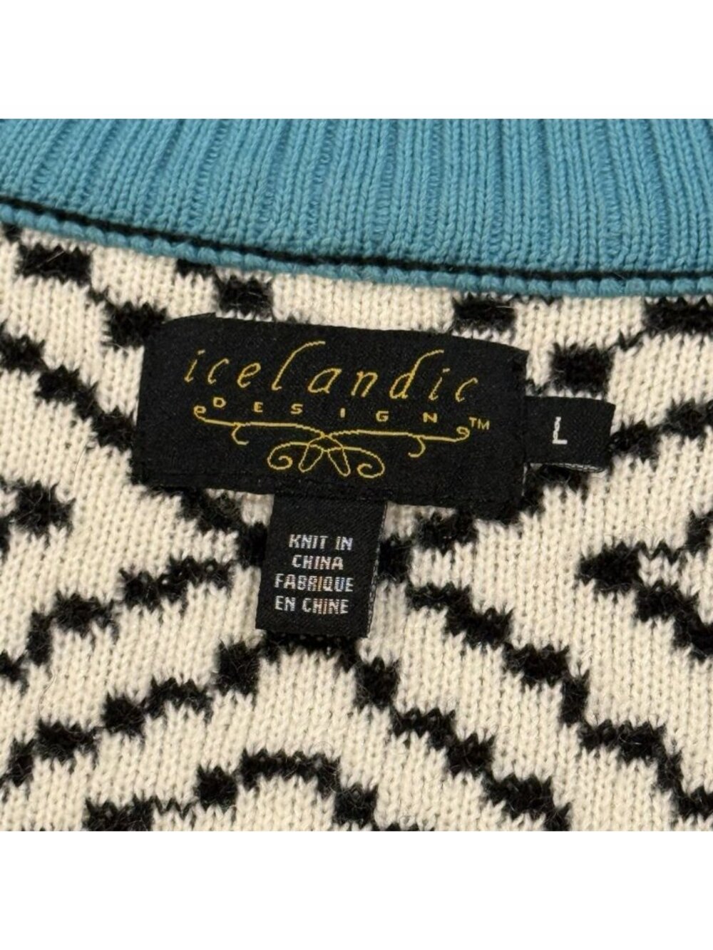 Icelandic Design Sz L Black White Wool Blend Cardigan Sweater Pockets Fair Isle - Picture 4 of 8